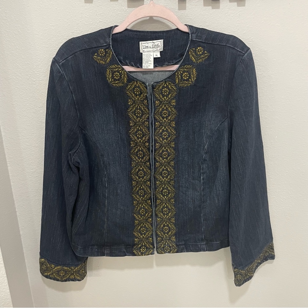 Live A Little Indigo Jean Jacket with Gold Embroidery and Cropped Fit Womens XL